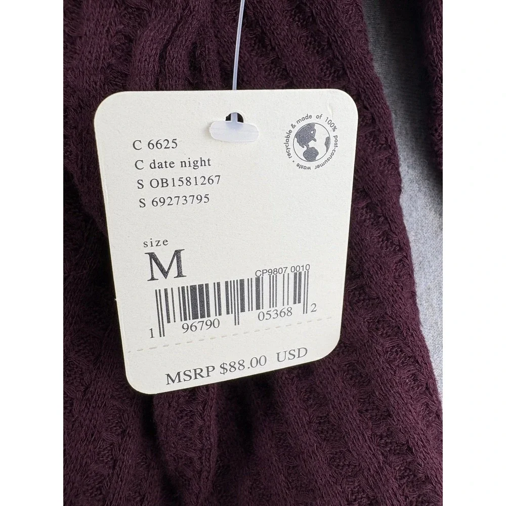 Free People Long Sleeve Womens M Thermal Waffle Knit Crop Top Cowl Neck Plum NWT